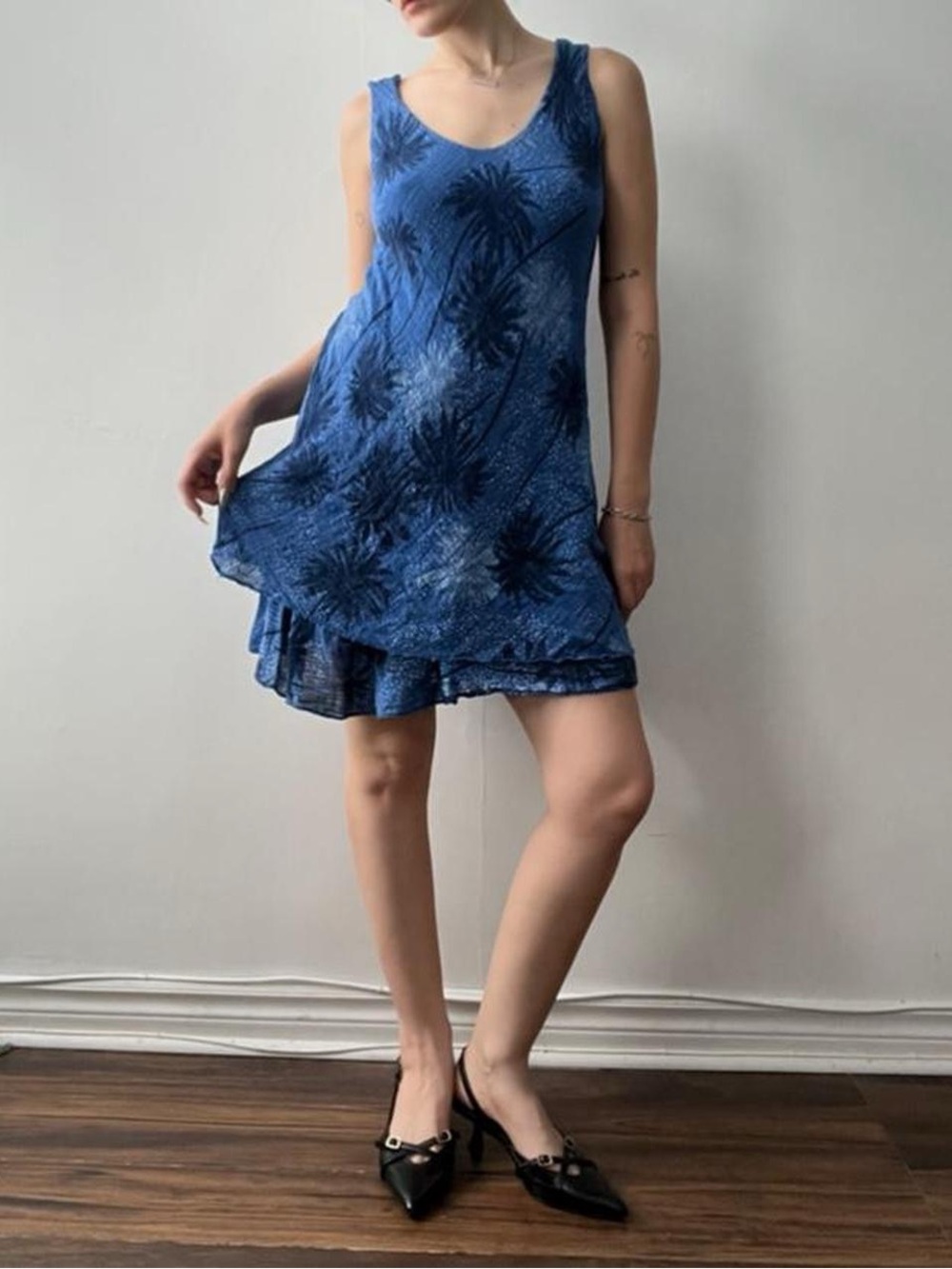 Blue Palm Tree Patterned Mini Dress